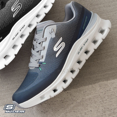 Ténis Skechers Glide-Step azul e cinzento com sola branca