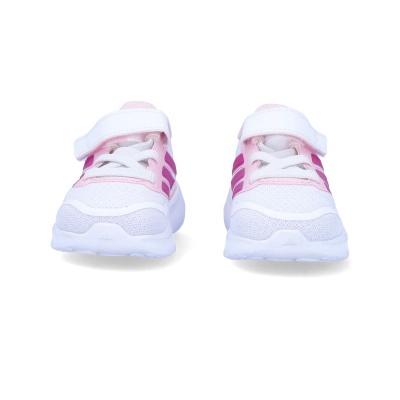 Sapatilhas infantis brancas com detalhes rosa e tiras de velcro brancas