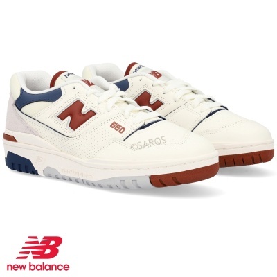 Ténis New Balance 550 brancos com detalhes polos em bordo e azul