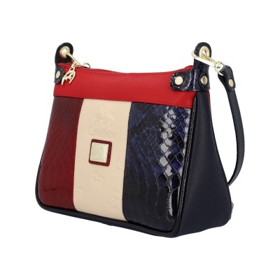 Mala de tiracolo Cavalinho com três painéis coloridos em vermelho, creme e azul brilhante.