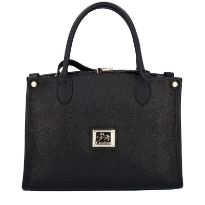 Mala preta tipo carteira em pele com placa metálica 'cavalinho'