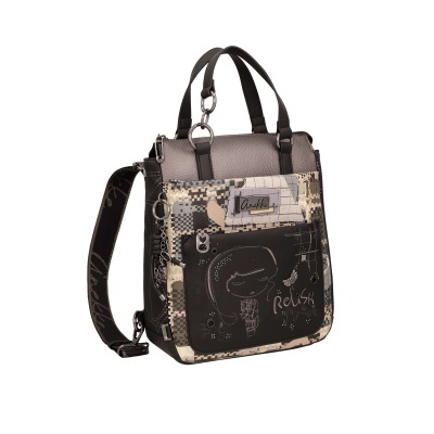 Mala de mão estilo mochila com padrões em tons de bege, cinza e preto e texto Relish