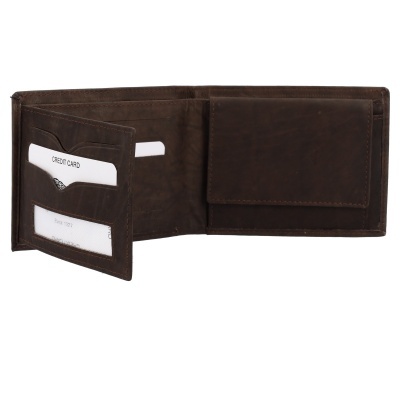 Carteira masculina em pele castanha escura aberta com vários compartimentos