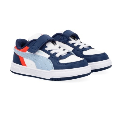 Sapatilhas infantis Puma azul escuro, branco, azul claro e vermelho com velcro