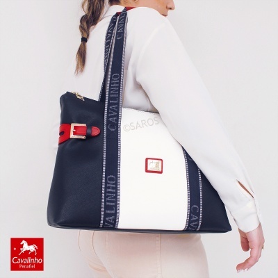 Mala de ombro Cavalinho preta, branca e vermelha com alças de tecido
