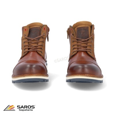 Bota castanha de couro e tecido com atacadores e sola branca