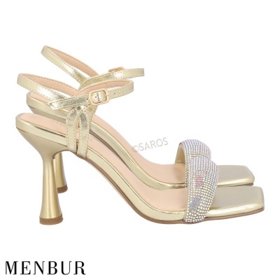 Sandálias douradas Menbur com pedras brilhantes e salto médio