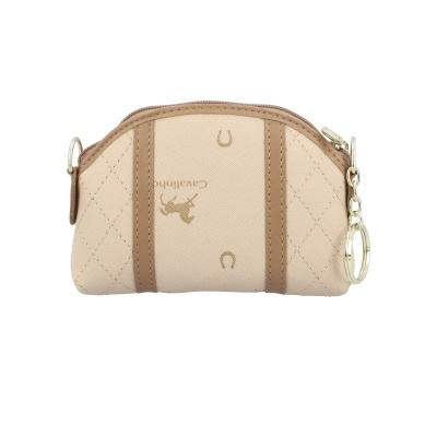 Carteira bege com detalhes castanhos e fecho dourado