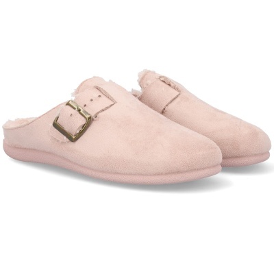 Chinelos de casa rosa claro com fivela dourada e forro de pelo branco
