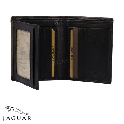 Carteira masculina de pele preta com compartimentos para cartões e janela transparente