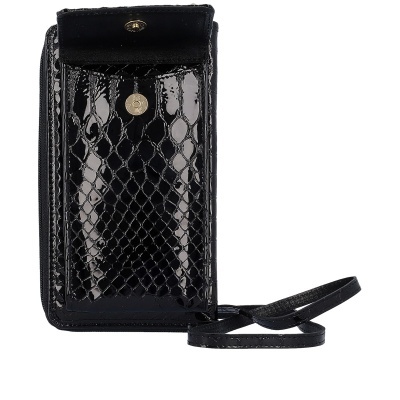 Carteira pequena de verniz preto com padrão de pele de cobra e alça fina