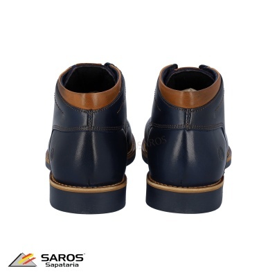 Botas masculinas em pele azul escuro e castanho vistas de trás com logótipo SAROS Sapataria