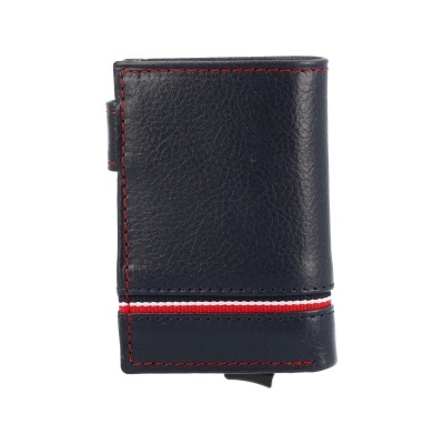 Carteira preta em pele com costuras vermelhas e faixa tricolor