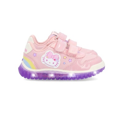 Ténis infantis cor-de-rosa com imagem Hello Kitty e sola roxa luminosa