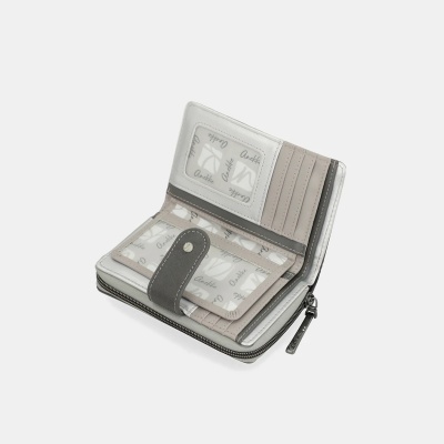 Carteira feminina aberta com fecho e zíper, em tons de cinza, bege e branco