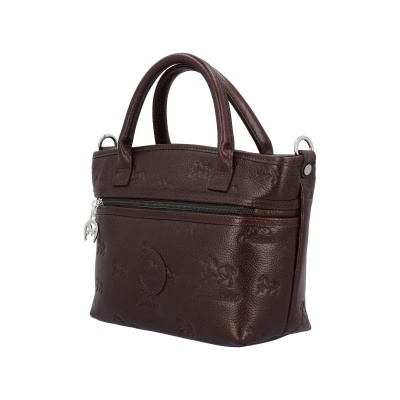 Bolsa de mão castanha em pele com padrão e fecho de correr