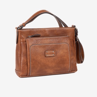 Mala de mão em couro castanho com bolso frontal e alça dupla