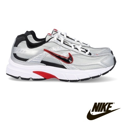 Par de sapatilhas Nike cinza, preto, branco e vermelho em fundo branco