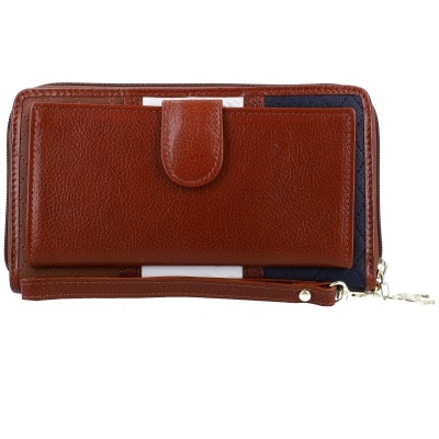 Carteira castanha e azul com fecho e alça de pulso