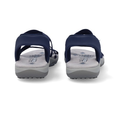 Sandálias azuis e cinzentas Skechers vistas de trás.