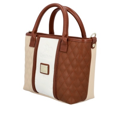 Mala de mão creme e castanha com alças e detalhes em pele, placa com texto Cavalinho