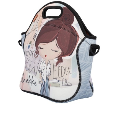 Bolsa térmica com desenho de rapariga e texto
