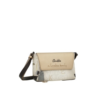 Mala de tiracolo bege com texto Anekke a timeless beauty e padrão texturizado