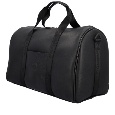 Bolsa preta de pele sintética com duas pegas em tecido preto e bolso exterior com logo gravado