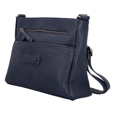 Mala de ombro azul escura em pele sintética com bolso frontal e fecho