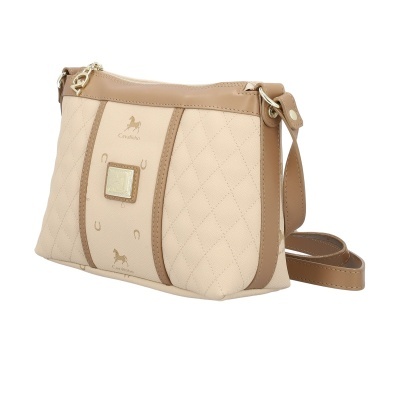Mala de ombro bege com detalhes castanho claro e logo Cavalinho