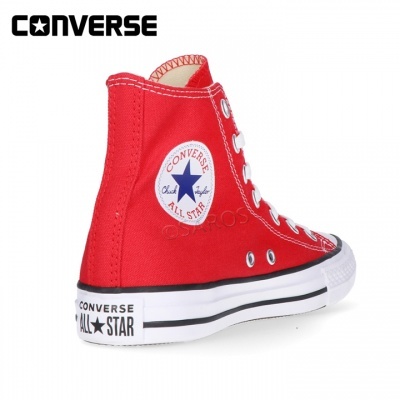Bota Converse All Star vermelha de cano alto com sola branca e logotipo redondo
