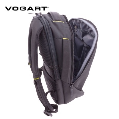Mochila preta Vogart com compartimento principal aberto e interior cinza