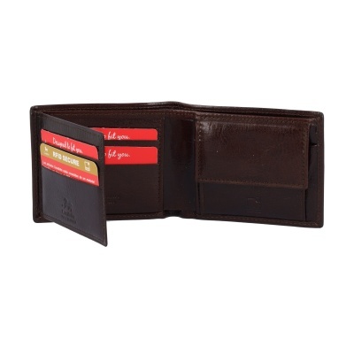 Carteira masculina castanha de couro com compartimentos para cartões e fecho para moedas