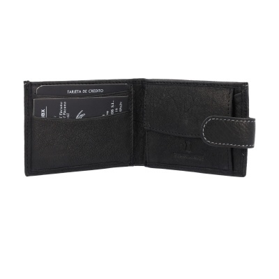 Carteira preta de couro com compartimentos e fecho de aba