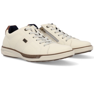 Sapatilhas masculinas em couro bege com atacadores cinza e zíper lateral