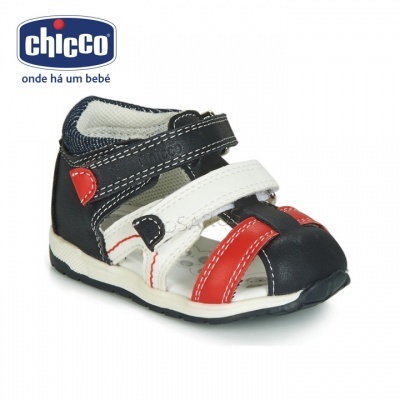 Sandália para bebé Chicco em preto, branco e vermelho com fechos de velcro