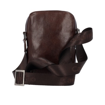 Mala pequena de tiracolo em pele marrom escura com alça de tecido