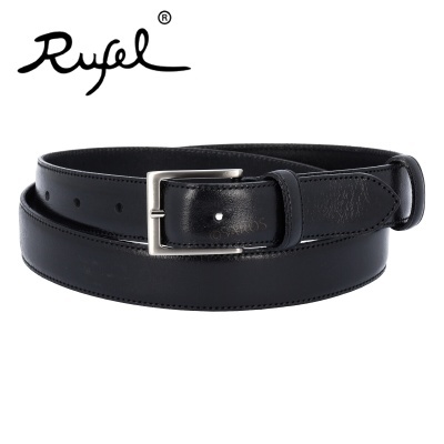 Cinto preto de couro com fivela prateada e logotipo Ryfel