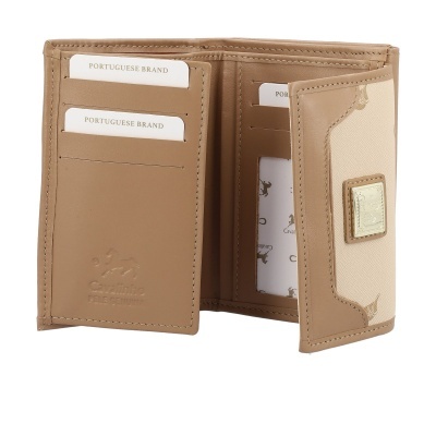 Carteira senhora em pele castanha clara e tecido bege com padrão