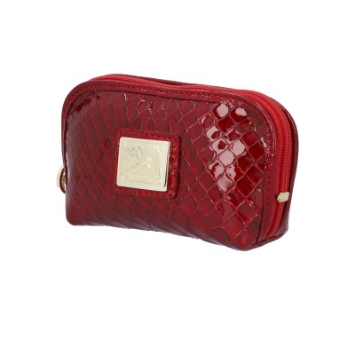 Bolsa pequena vermelha com textura de pele de cobra e placa metálica dourada