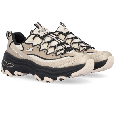 Par de ténis desportivos Skechers bege e preto com sola grossa e cadarços pretos