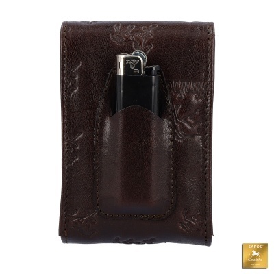 Carteira de pele castanha com bolsos e isqueiro