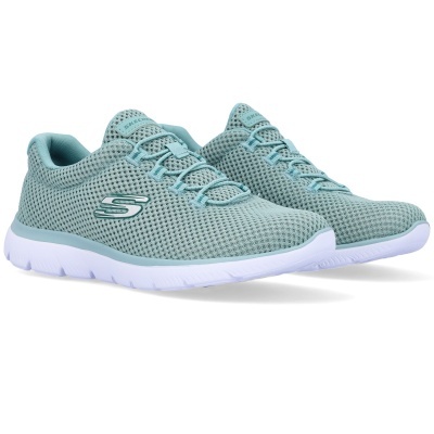 Ténis Skechers azuis claros em malha com sola branca e logótipo S