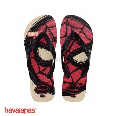 Chinelos Havaianas Homem-Aranha vermelho e bege com tiras pretas