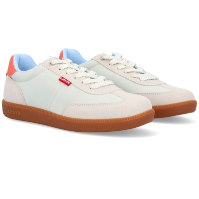 Sapatilhas Levi's brancas com sola castanha e detalhes bege e vermelho.