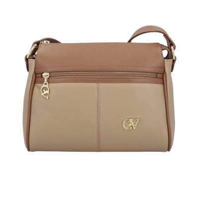 Mala de senhora bicolor em bege e castanho com fecho de correr e logo dourado CV