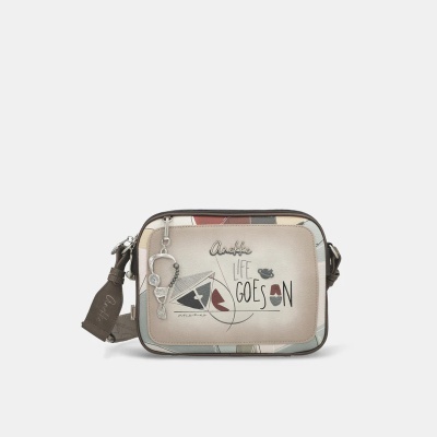 Bolsa pequena quadrada com padrão geométrico e texto Anekke LIFE GOES ON