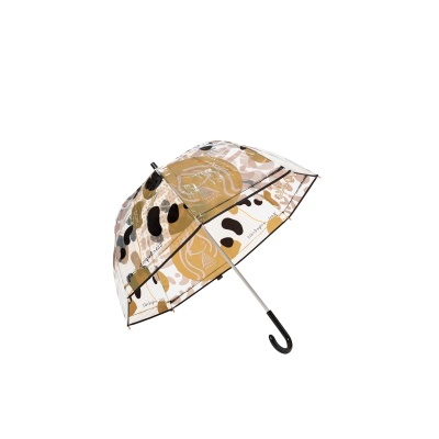 Guarda-chuva transparente com padrão abstrato castanho e cabo preto curvado