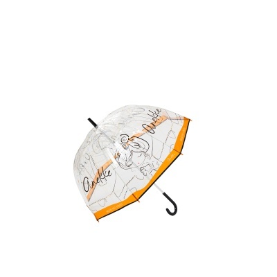 Guarda-chuva transparente com desenho de rosto e detalhes laranja.