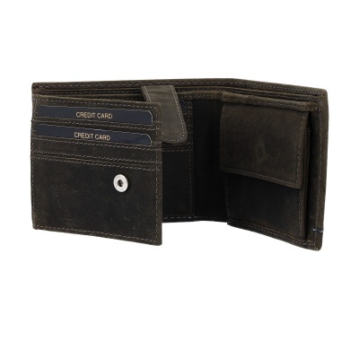 Carteira de pele castanha escura aberta com compartimentos para cartões e fecho metálico